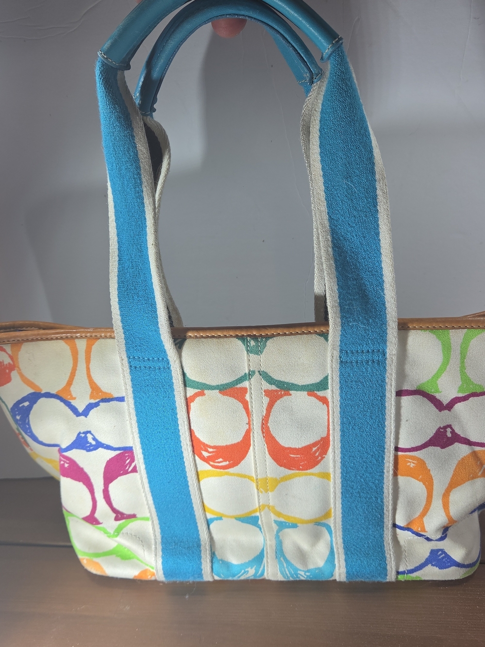 Coach Multicolor Signature Canvas Tote with Blue Straps